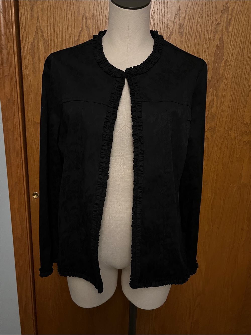 TanJay Women’s Black Ruffle Trim Open Front Jacket